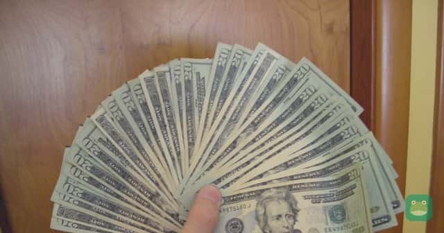 A hand holding a fan of US twenty-dollar bills.
