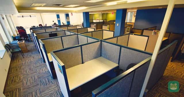 Empty office cubicles in a former co-working space in Portland, Oregon.
