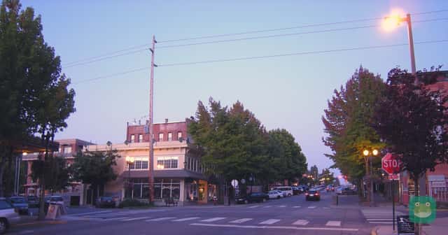 A street in the historic Fairhaven district of Bellingham, Washington, at dusk.