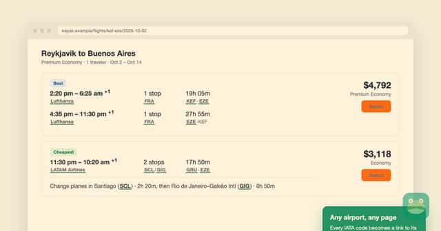 Lounge Frog links airport codes on a flight search page to lounge guides.