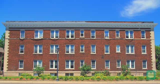 A brick apartment building on Franklin Avenue in Minneapolis, Minnesota.