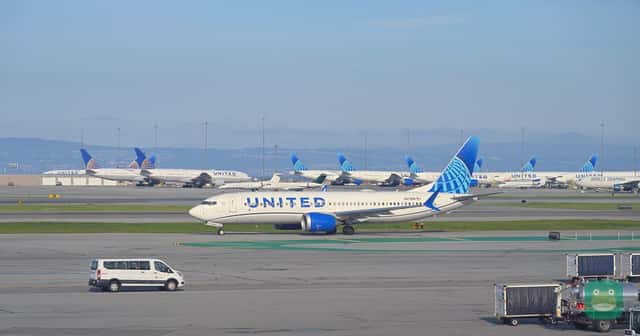 A United Airlines Boeing 737-8 MAX taxis at San Francisco International Airport.